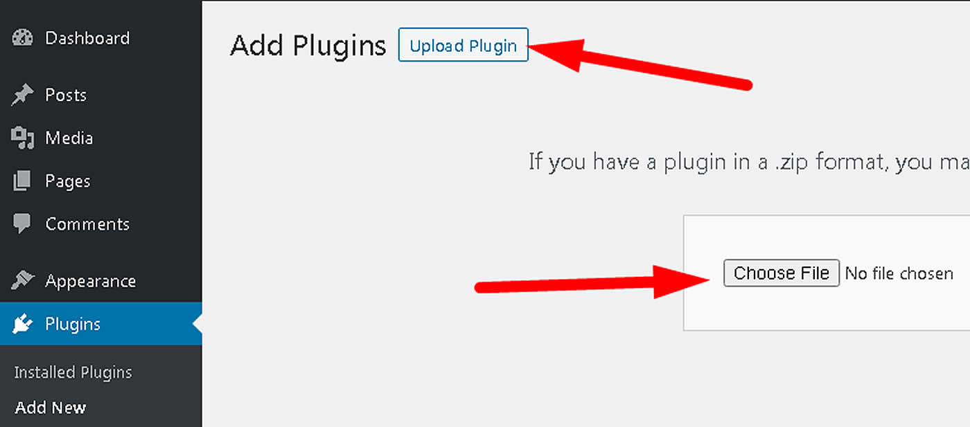 Then click on upload the plugin, choose your file on your computer, and click on install now.